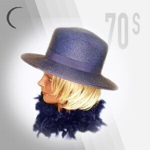 Vintage Hat + HATBOX Boater Panama Skimmer Pachuco, Navy Blue Sewn Straw